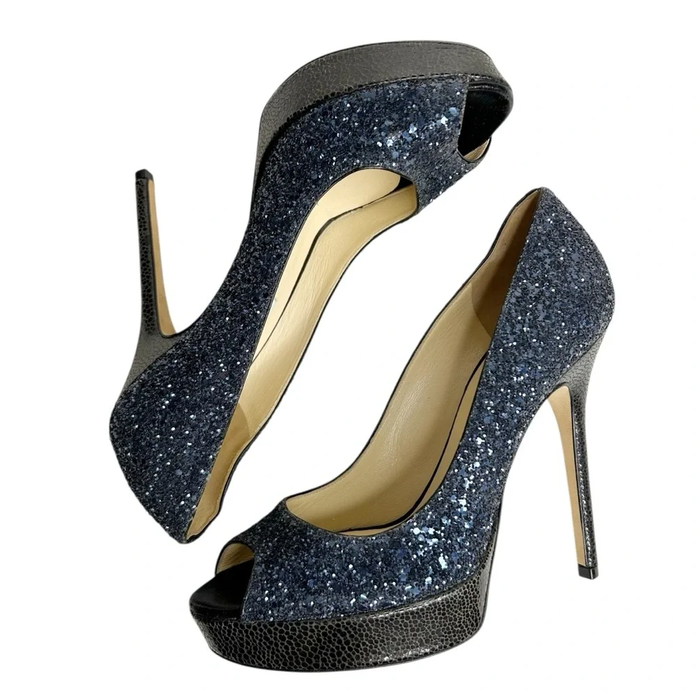 JIMMY CHOO Crown Coarse Glitter Peep Toe Stiletto Heels - Picture 7 of 12